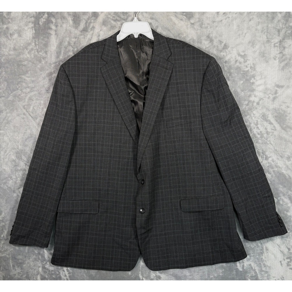 Shaquille O'Neal Blazer Suit Jacket Mens 56L Long Gray Blue Plaid Stretch Coat